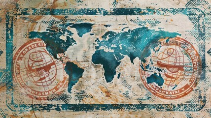 Naklejka premium A vintage world map with a rustic, weathered texture and two circular stamps with globes, symbolizing global travel, exploration, history, and the interconnectedness of the world.