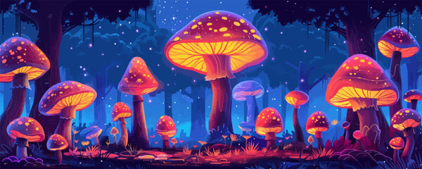 Whimsical mushroom forest with towering fungi, glowing mushrooms, and whimsical creatures. Vector flat minimalistic isolated illustration.