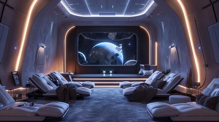 Futuristic 3D cinema room with reclining seats, large screen, and ambient LED lighting