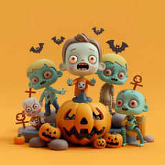 Naklejka premium Cute Halloween 3D model. 3D rendering. C4d movie poster style