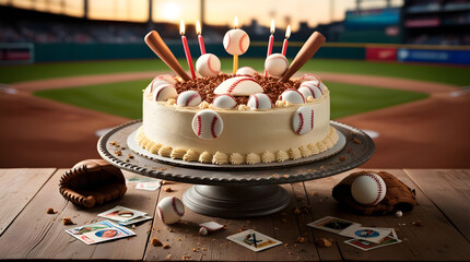 A vibrant and colorful photograph of a birthday cake, creatively designed for a baseball enthusiast, generative ai