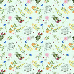 Fashionable seamless floral print on textiles. Airy floral pattern. Seamless background with summer wildflowers and daisies