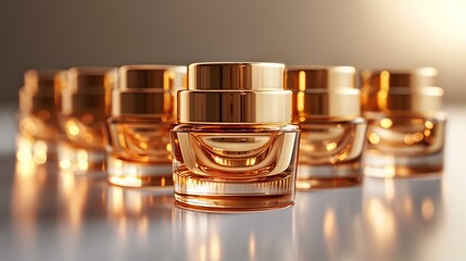 mockup, golden jars of cosmetic products on light background