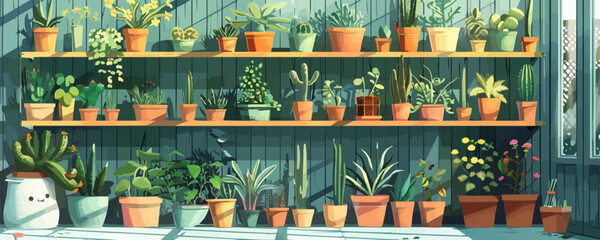 Inside Greenhouse with Potted Plants and Supplies. vector simple illustration