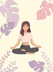 girl in the lotus position is engaged in a background of leaves, face less