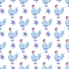 Domestic Chicken, cock seamless pattern. Hens, rooster, breed. Farm birds, Easter, organic eco food concept. Cute farm animal isolated on background
