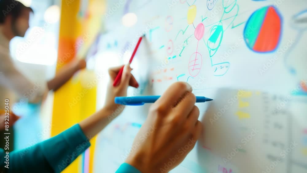 Poster Team collaborating on a colorful whiteboard with various markers in a modern office. Focus on brainstorming and creative ideas. Ideal for concepts of teamwork and innovation 