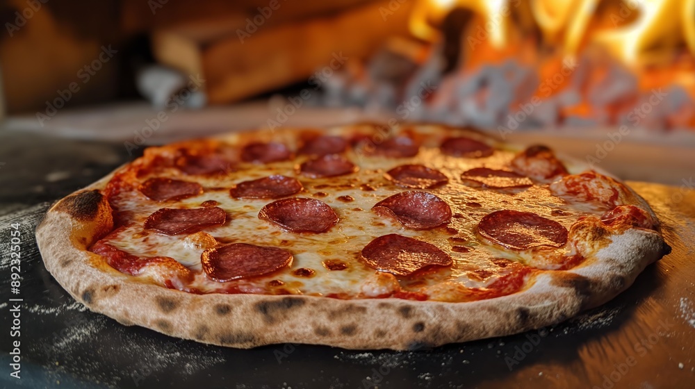 Wall mural a freshly baked pepperoni pizza with a crispy crust, sitting on a black stone surface, with a wood-f