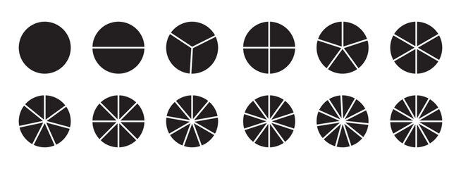 Segments of circle with 1 to 12, pieces. Info graphic icons circles set divided radius in black and white color vector image. Divided circle sections, Black round diagram. Divided circle sections .