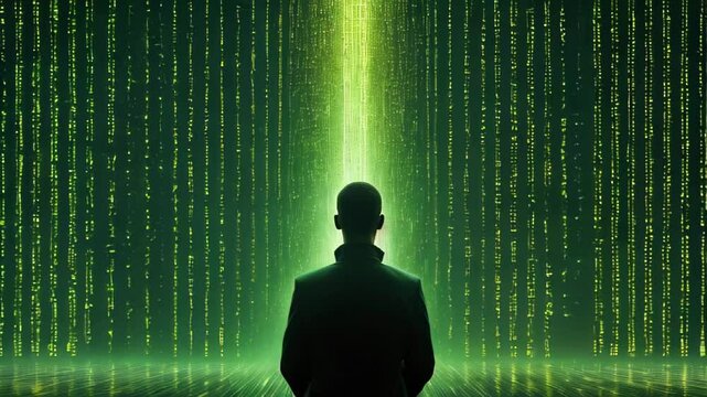 Silhouette of a man against the background of a moving green matrix code. AI