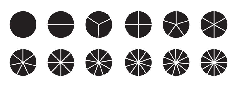 Segments of circle with 1 to 12, pieces. Info graphic icons circles set divided radius in black and white color vector image. Divided circle sections, Black round diagram. Divided circle sections .
