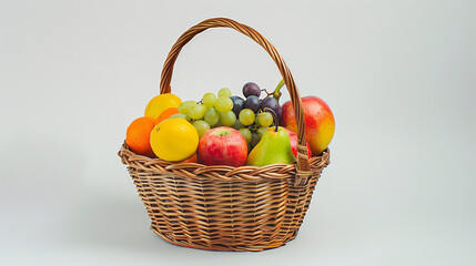 Assortment of exotic fruits and berries in a basket on a light background.