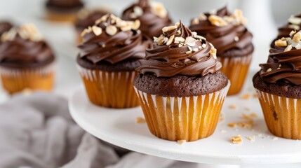 Coconut flour cupcakes with dark chocolate frosting and a sprinkle of almond flakes, displayed on a white cake stand