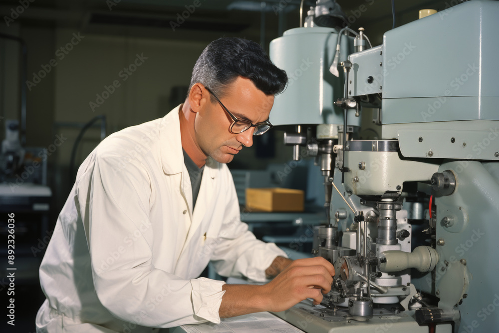 Poster scientist in lab coat focused on precision work with machinery in modern laboratory setting