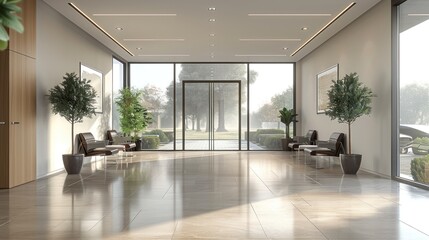 Obraz premium Modern Lobby Interior Design with Glass Doors and Natural Light
