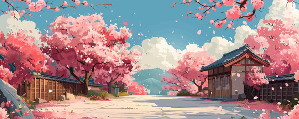 Japanese cherry blossom sakura on the background of an old asian style house, tourism to asia during the flowering of plants and spring. vector simple illustration © Настя Шевчук