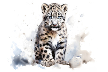 Beautiful snow leopard cub, panthera uncia, standing on a snowy ledge. Digital watercolour on white background.