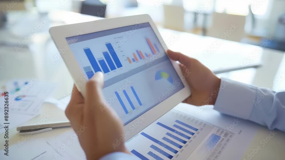 Aufkleber Professional analyzing colorful financial charts on a tablet with documents on the table. Modern office setting with focus on data visualization. Ideal for business analytics and financial planning 