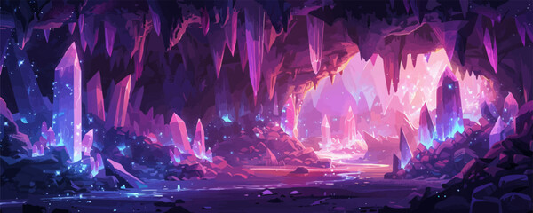 Subterranean cavern with glowing crystals, underground rivers, and mysterious rock formations. Vector flat minimalistic isolated illustration. © Настя Шевчук