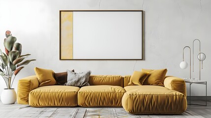 Modern cozy mock up and decoration furniture of living room and empty canvas frame on the white wall texture background, 3D rendering