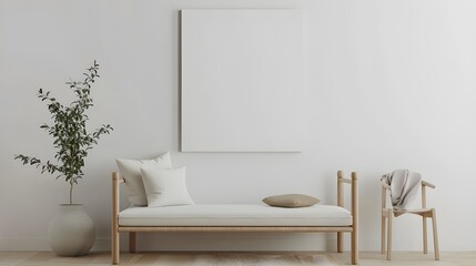 Modern cozy mock up and decoration furniture of living room and empty canvas frame on the white wall texture background, 3D rendering