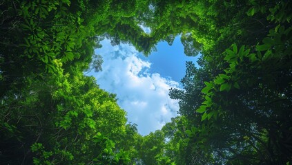 A heart-shaped hole in the canopy of lush green trees 