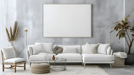 Modern cozy mock up and decoration furniture of living room and empty canvas frame on the white wall texture background, 3D rendering