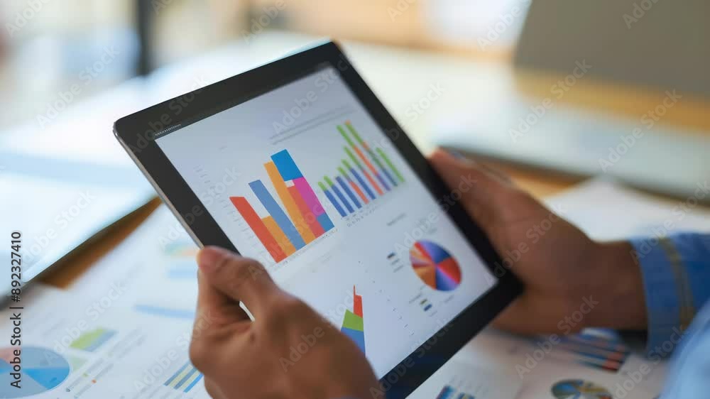 Poster businessperson analyzing financial charts on a tablet in a modern office. detailed graphs and report