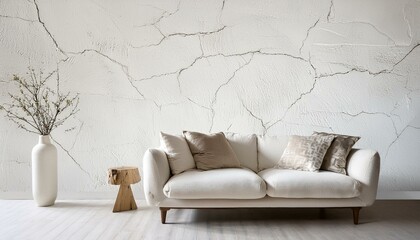 Modern Serenity: Sofa and Cracked Stucco Wall in Scandinavian Design