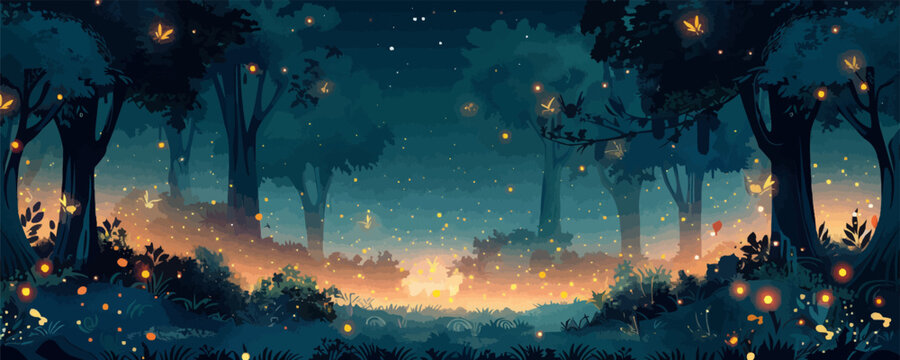 Enchanted forest glen with towering trees, magical creatures, and sparkling fireflies. Vector flat minimalistic isolated illustration.