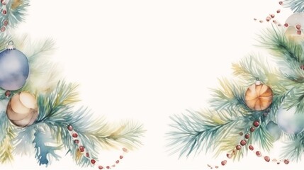 delicate watercolor background, on it are several branches of a Christmas tree with garlands and toys, on a white background with space for text