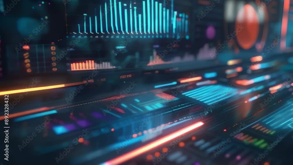 Aufkleber Futuristic digital dashboard with vibrant graphs and charts. Representing data analysis, technology, and information visualization. Ideal for concepts of business intelligence and big data analytics 