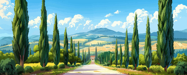 Obraz premium Majestic cypress alley somewhere in scenic Tuscany. vector simple illustration