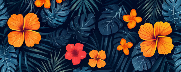 Fototapeta premium Drawing of palm leaves and flowers in a modern style, tropical print pattern on a black background, cod art botanical design, bright colors.. vector simple illustration