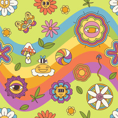 Groovy psychedelic summer flowers and wavy rainbow lines seamless pattern. Funny retro chamomile emoji with eyes and funky smile, bee in colorful hippy background of 70s 80s style vector illustration