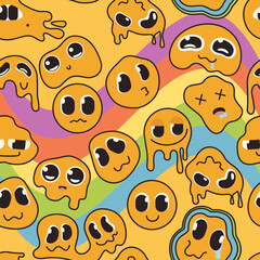 Groovy cartoon psychedelic seamless pattern with distorted yellow emoji on rainbow waves. Funny retro crazy faces of characters, melting emoticons in background of 70s 80s style vector illustration