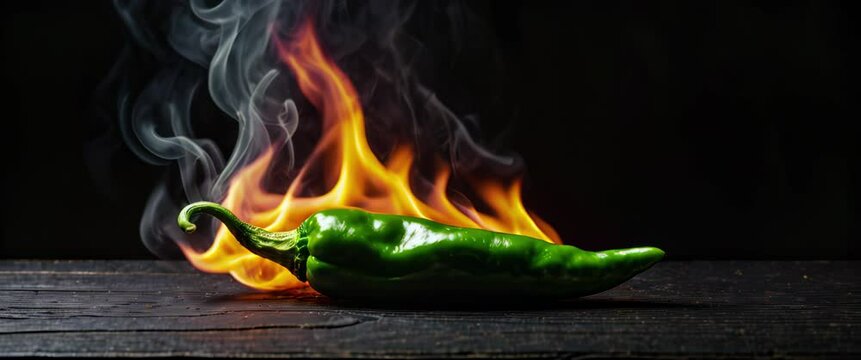 Burning hot green chili pepper on a black rustic wooden background