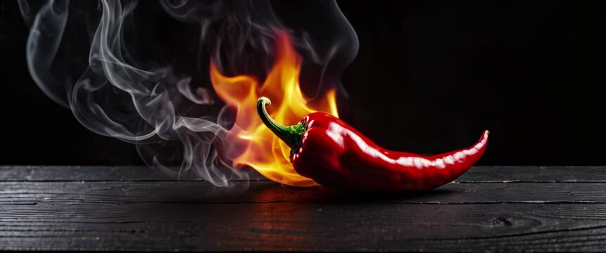 Burning hot red chili pepper on a black rustic wooden background