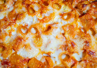 Italian baked pasta with gorgonzola, mozzarella, bechamel and tomato. Top view