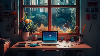 Lofi Empty Interior with Messy Desk and Forest Jungle View – Anime/Manga Style Colorful Study Room, Cozy Chill Vibe. Features anime/manga style decor, a colorful study desk, a cozy chill vibe.