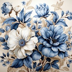 Vintage Blue and White Botanical Pattern in Classic Design