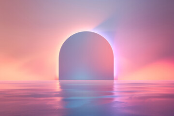 A captivating digital artwork featuring a glowing arch over serene waters at sunset, evoking tranquility and wonder.
