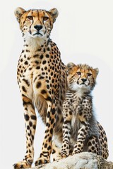 A mother cheetah and her cub sitting together on a rocky outcropping, showcasing maternal bond