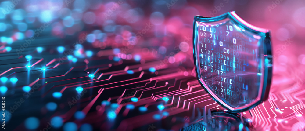 Poster a digital shield illustration symbolizing cybersecurity, featuring vibrant colors and data patterns 