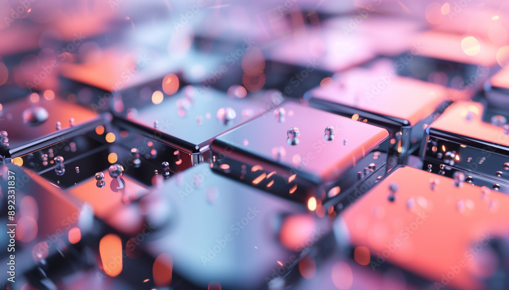 Poster abstract close-up of glossy tiles with colorful reflections and droplets, creating a mesmerizing dig