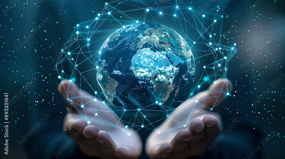 Aufkleber image of hands lifting an ever-increasing networked world. continuously searching for information an