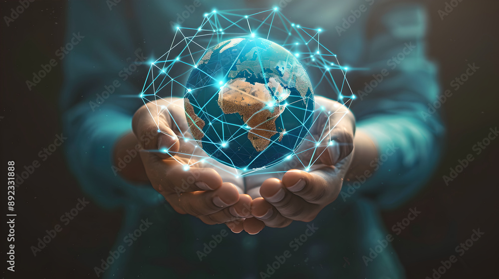 Aufkleber image of hands lifting an ever-increasing networked world. continuously searching for information an