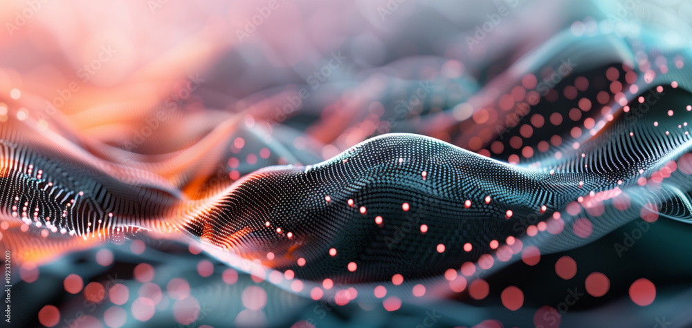Poster abstract representation of waves with glowing dots, showcasing vibrant colors and fluid motion in a 