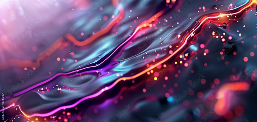 Poster an abstract image showcasing vibrant waves of color, shimmering lights, and dynamic textures, perfec