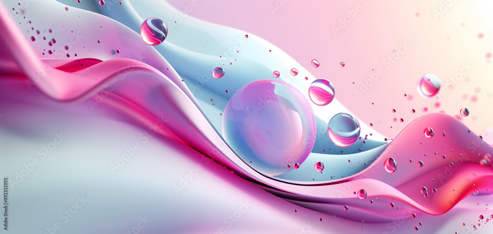 Poster an abstract composition of flowing waves and bubbles in vibrant pink and blue tones, creating a sens